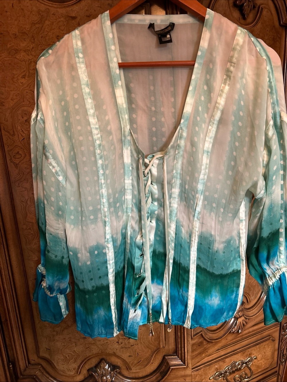 Roberto Cavalli Ombre Peasant Tunic - Teal, Aqua & White 100% silk